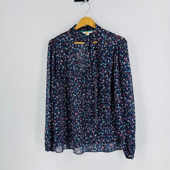 Boden Dark Sheer‎ Floral Tie Neck Blouse Multicolor Long Sleeve Black Size US 14 - Picture 9 of 9